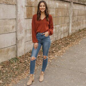 Free People Skinny High Rise Distressed Busted Knee Jeans Size 28